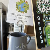 $0.25 discount for bringing a mug!  at Wildflour Vegan Bakery and Juice Bar in Pawtucket