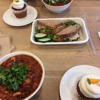 “Tuna” sandwich, vegan chili, and vegan carrot cake cupcakes! at Wildflour Vegan Bakery and Juice Bar in Pawtucket
