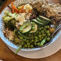 Roast dinner sides- so many veggies  at The Bay Vegan Deli Coffee House in Sandown