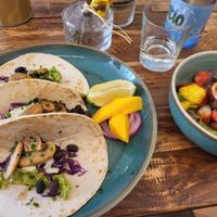 The vegan tacos and the fruit salad at Break Sé in Lisbon