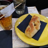 Pastry filled with vegetables and black tea at Gottfried's Feinkiosk im Leibnizhaus in Hannover