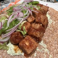 BBQ tofu with garlic sauce (I added veggies and tortilla to make a wrap!)  at Three Rivers Market in Knoxville