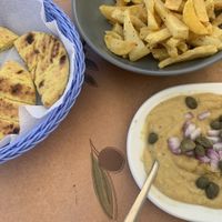 pita, fava, fries at A for Akteon in Santorini