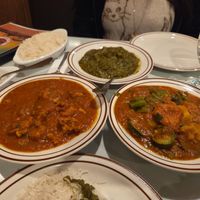 Aloo Saag (top), swash dumpling curry (left), and vegetable curry at Masala Craft in Big Bear Lake