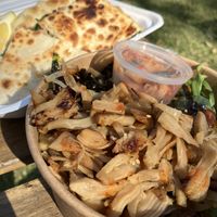 Jackfruit bibimbap and spinach-tomato gözleme  at City Farmers Markets in Brisbane