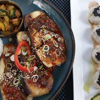 Aubergine bap and rice balls with seaweed pesto at ONNI in Luebeck