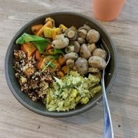 Warmed button mushrooms & mixed salad bowl at The Wholefood Kitchen in Napier