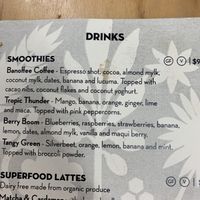 Smoothie menu  at The Wholefood Kitchen in Napier
