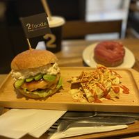 Vegan burger with cheese nachos and a strawberry donut   at 2foods - Yaechika in Tokyo