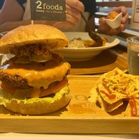 Spicy Junk Burger + mysterious almost-nachos side at 2foods - Yaechika in Tokyo