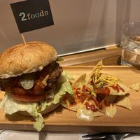 Spicy junk burger (bonus that they bring out water too without having to ask)  #Veganuary at 2foods - Yaechika in Tokyo