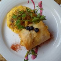 Cashew "filo" with vegetables, soya sausage and potato purée with thyme  at Cor de Tangerina in Guimaraes