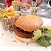 Vegan burger with fries! at Brasserie Du Commerce in Epinal