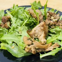 Sautéed (Lions Mane) Mushroom steaks on a bed of arugula. Delicious ✨ at Julia's Vegetarian Restaurant in Pacific Grove
