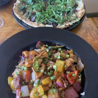 Mushroom sauté and GF Pizza  at Julia's Vegetarian Restaurant in Pacific Grove