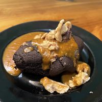 Brownie with mushroom candycap sauce   at Julia's Vegetarian Restaurant in Pacific Grove