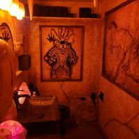 Cool tiki bathroom at Julia's Vegetarian Restaurant in Pacific Grove