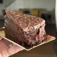 Chocolate cake with raspberry   at Julia's Vegetarian Restaurant in Pacific Grove