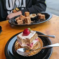 Vegan strawberry vanilla cake and vegan donuts at Julia's Vegetarian Restaurant in Pacific Grove
