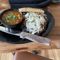 Lions mane burger with mushroom and mozzarella (not vegan) for my husband  at Julia's Vegetarian Restaurant in Pacific Grove