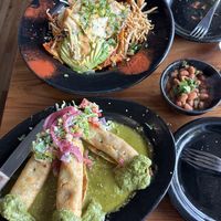 chilaquiles, potato flautas, and a side of beans  at Julia's Vegetarian Restaurant in Pacific Grove
