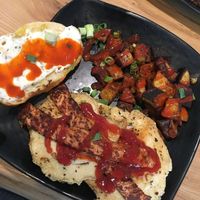 Fried egg sandwich (I’ve drenched in ketchup and hot sauce) at Julia's Vegetarian Restaurant in Pacific Grove