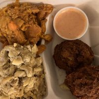 lentil patties, mac, and yams  at The Land of Kush in Baltimore
