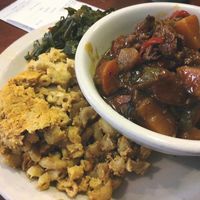 BBQ ribs, mac 'n cheese, and collard greens at The Land of Kush in Baltimore