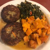 crab cakes, greens & yam at The Land of Kush in Baltimore