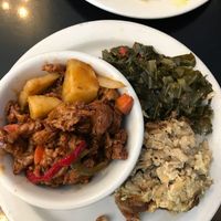 BBQ Ribs with Baked Mac and Cheese and Collard Greens at The Land of Kush in Baltimore