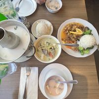 Green curry and orange mock duck  at Thai Elephant of Morro Bay in Morro Bay