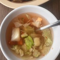 Vegetable soup served with the lunch orders of dishes (I added chili sambal)    at Thai Elephant of Morro Bay in Morro Bay