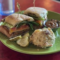 Veggie burger with potato salad  at Bouldin Creek Cafe in Austin