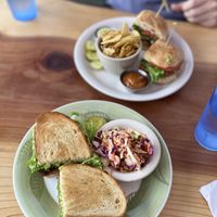 Veggie Royal Burger w/ chips + Wanna-BLT w/ sesame slaw  at Bouldin Creek Cafe in Austin