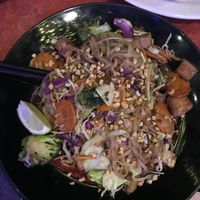 South Austin Stir Fry (rice noodles, vegan) added tofu for $2.  Sooooo good 💖💖 came with chop sticks!!!  at Bouldin Creek Cafe in Austin