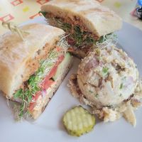 Kool Hummus Sandwich (added fakon) and potato salad at Bouldin Creek Cafe in Austin