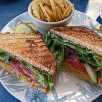 Chickpea “Chick’n” Salad Sandwich, with chips (vegan) at Bouldin Creek Cafe in Austin