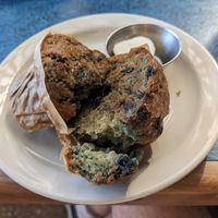 Blueberry lemon pecan muffin (vegan) grilled w/ butter at Bouldin Creek Cafe in Austin