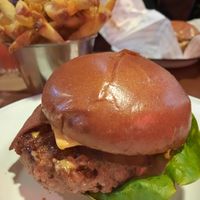 Smokey vegan burger with cheese and bacon plus rosemary fries (twice cooked, we think - crispy!) at Patty & Bun in Brighton
