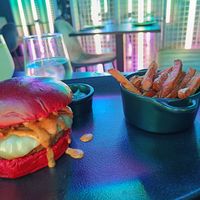 Burger and sweet potato fries at Guakame Street Food in Valencia