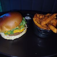 Guakame burger and sweet potato fries at Guakame Street Food in Valencia