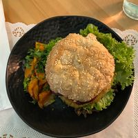 vegan chickpea burger at Nudie Foodie in Athens
