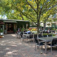 Lots of outdoor shaded seating at Casa de Luz in Austin