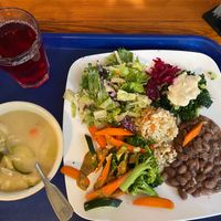 Lunch on Nov 2, 2023: Miso soup, garden greens, rice, pinto beans, mixed veggies, kale and pickled beets. Also hibiscus tea at Casa de Luz in Austin