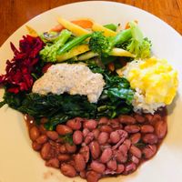 Greens, Grains, Beans, Veggies & Pickled Cabbage...YUMM!!! at Casa de Luz in Austin