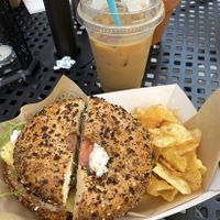 vegan sunrise with the scallion cream cheese. oat milk with coffee too!!  at Eola General in Orlando