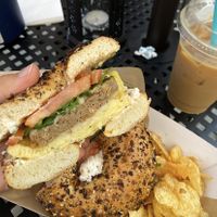 vegan sunrise with the scallion cream cheese. oat milk with coffee too!!  at Eola General in Orlando