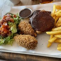 Biff’s jackfruit “wings” and vegan “ribs” with rosemary fries and salad at Dog & Partridge in Bury St Edmunds