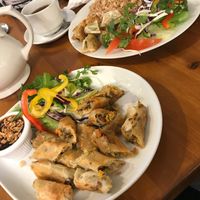 Spring rolls and dumplings with fried rice.  at Pumpernickel Coffee Shop in Dumfries