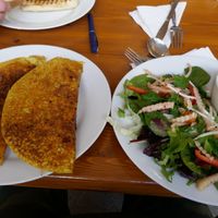 Vegan crepes. French (Vietnamese) style pancakes stuffed with vegetables. Served with sauce and salad. at Pumpernickel Coffee Shop in Dumfries